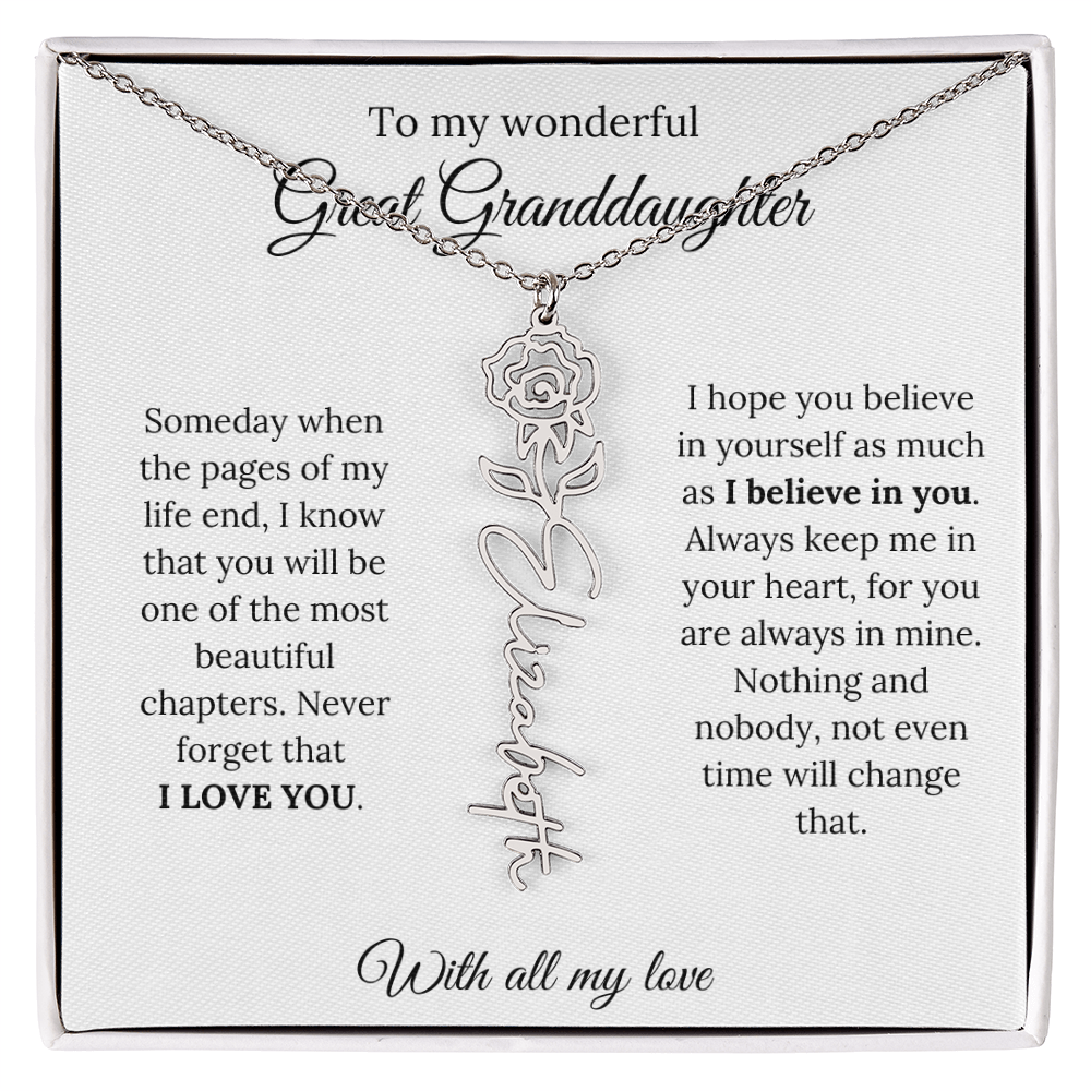 Great Granddaughter Birth Flower Name Necklace – “You Are One of the Most Beautiful Chapters” – Custom Keepsake Jewelry Gift