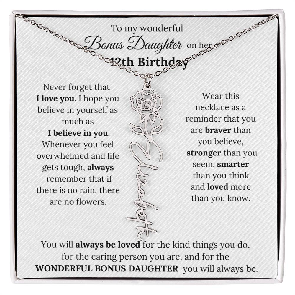 To My Wonderful Bonus Daughter On Her 12th Birthday | I Love You | Flower Name Necklace