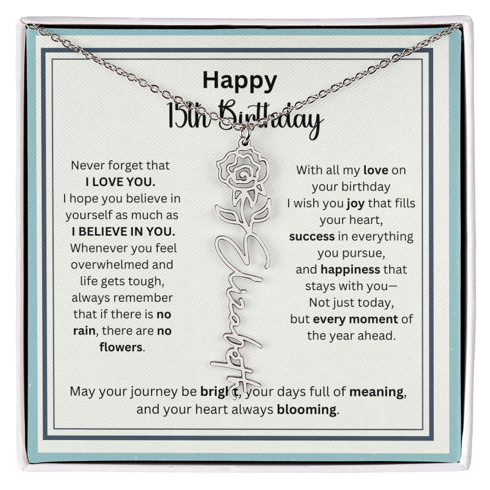 Personalized 15th Birthday Gift for Her - Birth Flower Necklace with Card