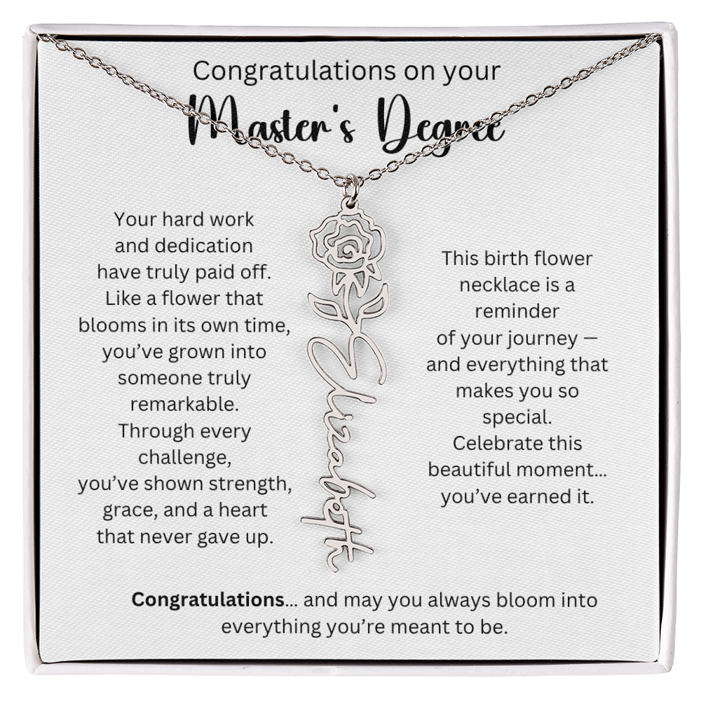 Personalized Masters Graduation Keepsake Gift - Birth Flower Name Necklace