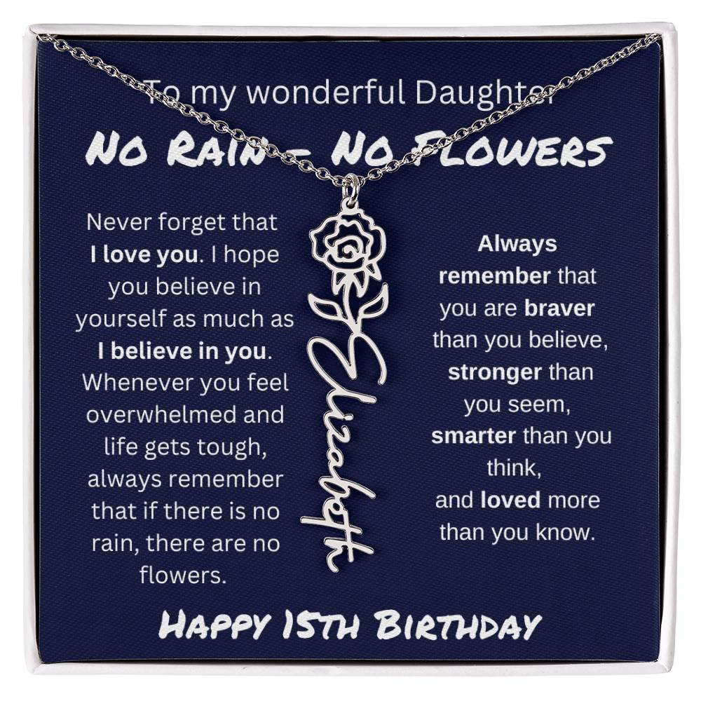 No Rain - No Flower | Happy 15th Birthday | Flower Name Necklace
