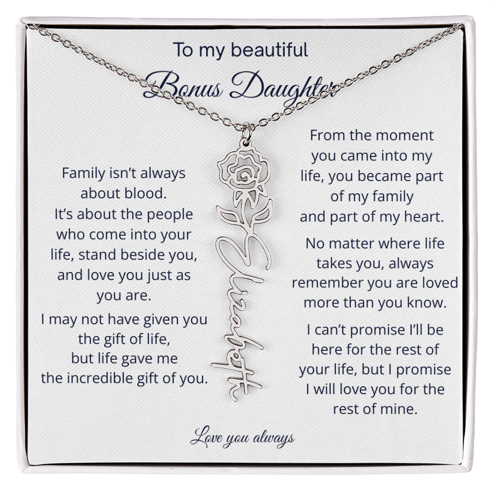 Bonus Daughter Jewelry Gift - Personalized Birth Flower Name Necklace