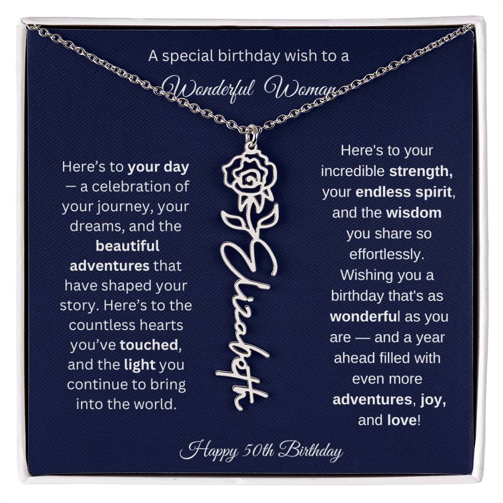 Happy 50th Birthday - Personalized Birth Flower Name Necklace with Message Card