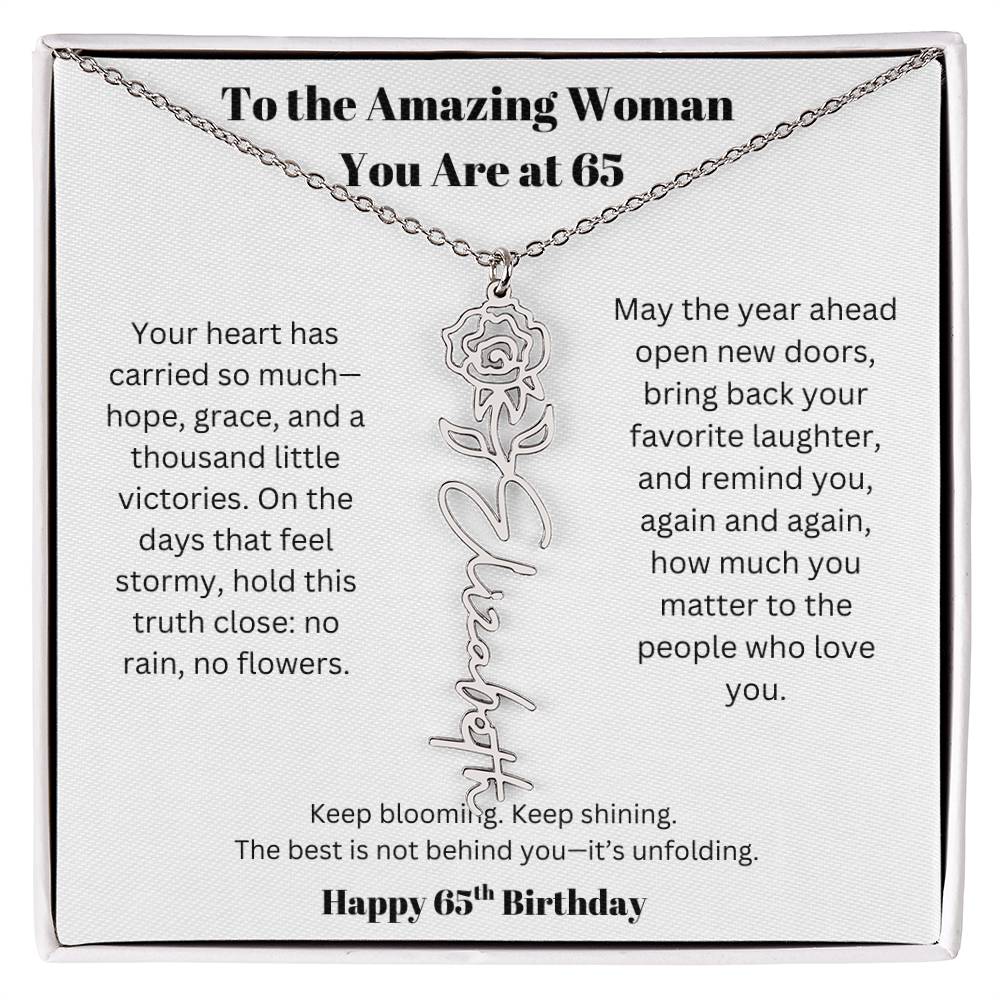 To The Amazing Woman | 65th Birthday Keepsake Jewelry | Flower Name Necklace