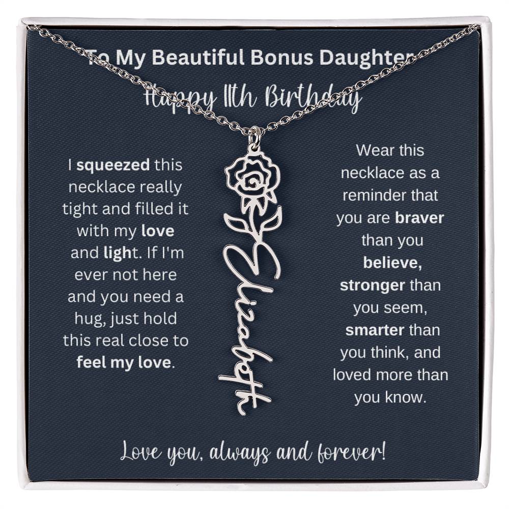 To My Beautiful Bonus Daughter | Happy 11th Birthday | Flower Name Necklace