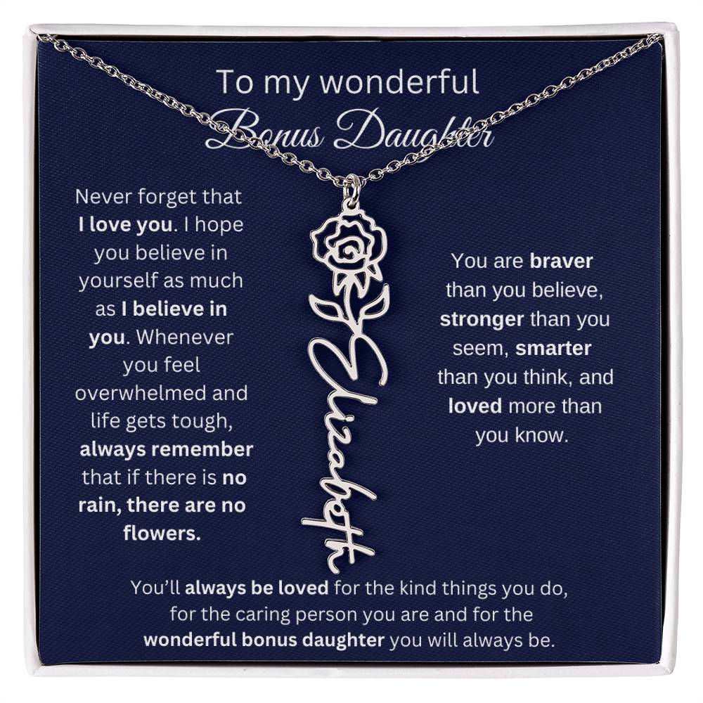 To My Wonderful Bonus Daughter - I Love You - Flower Name Necklace