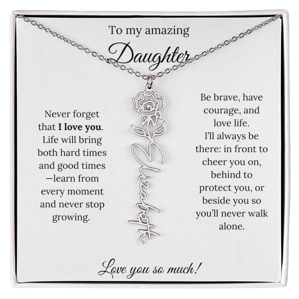 Personalized Daughter Necklace with Birth Flower Name & Inspiring Quote Card