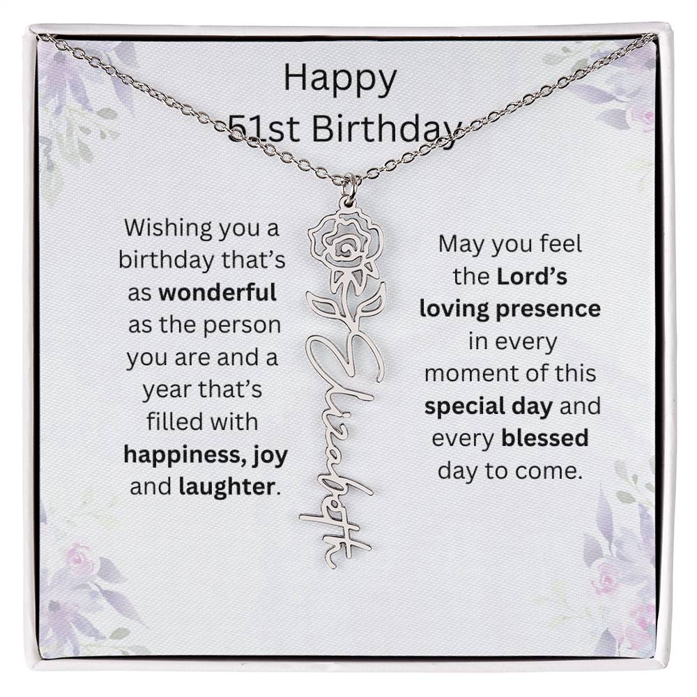 Wishing You Happiness, Joy & Laughter - Happy 51st Birthday | Flower Name Necklace