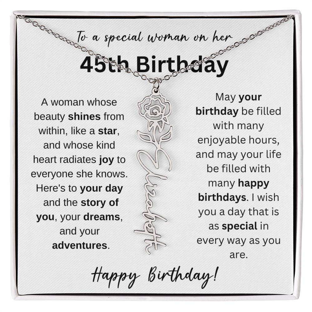 To A Special Woman - Happy 45th Birthday - Flower Name Necklace