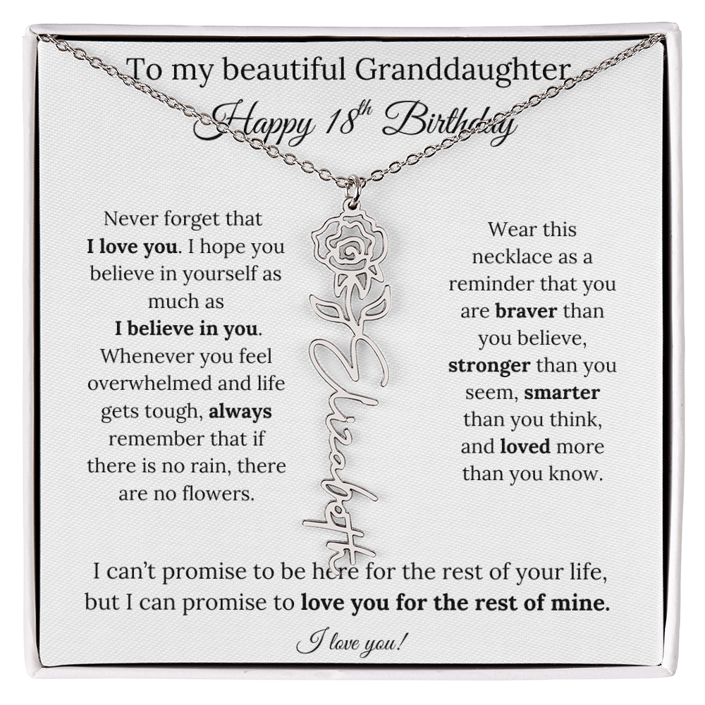 18th Birthday Gift for Granddaughter Flower Name Necklace with Message Card