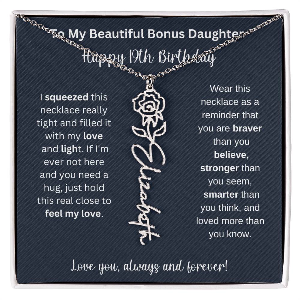 To My Beautiful Bonus Daughter | Happy 19th Birthday | Flower Name Necklace