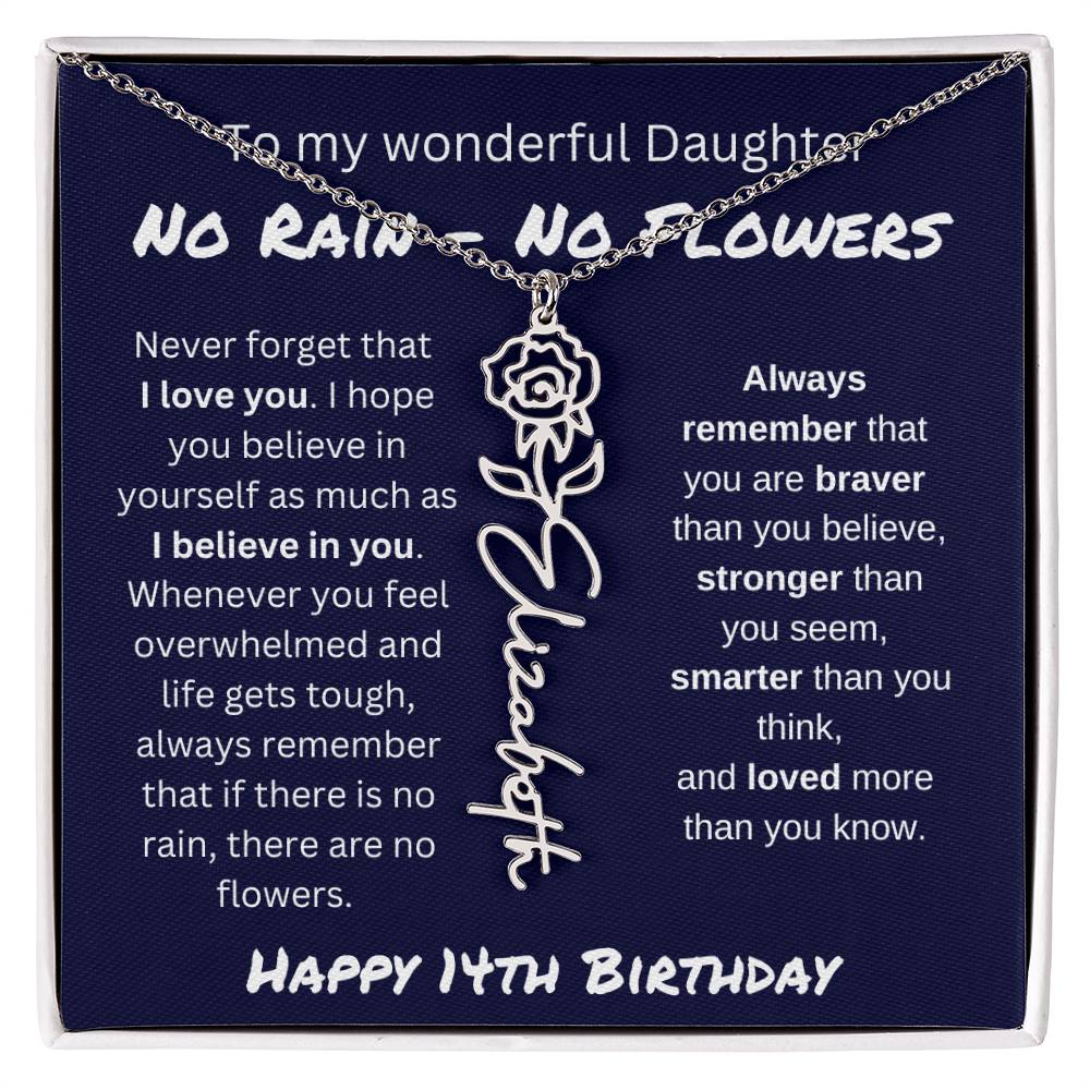 No Rain - No Flower | Happy 14th Birthday | Flower Name Necklace