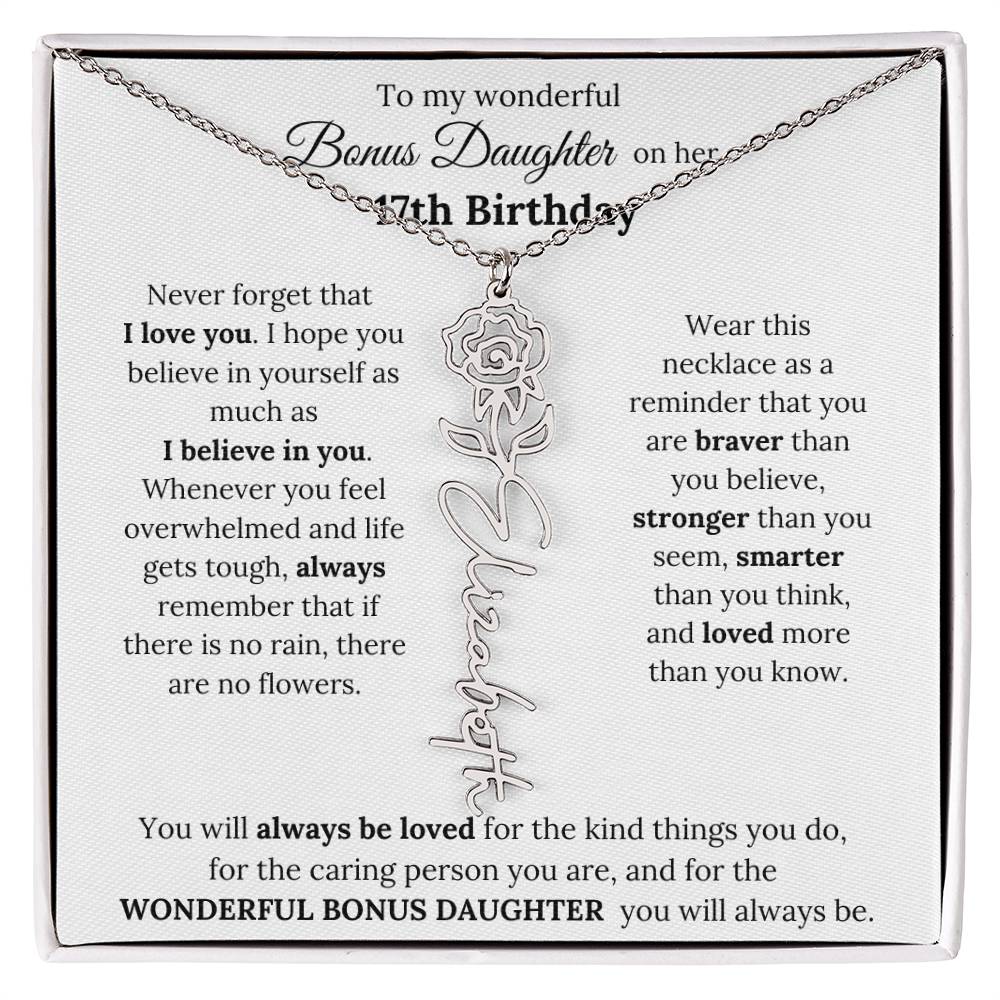 To My Wonderful Bonus Daughter On Her 17th Birthday | I Love You | Flower Name Necklace