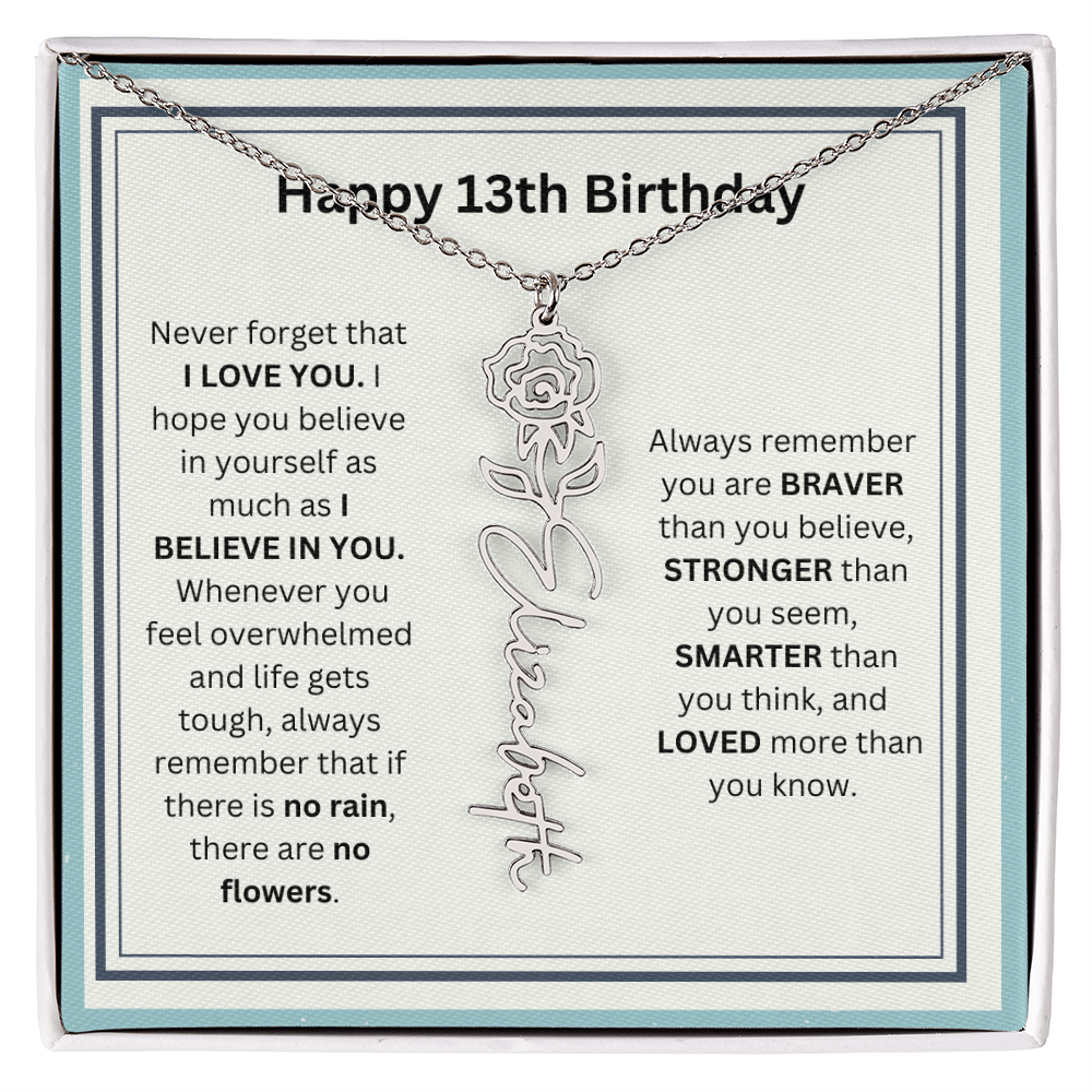 Personalized 13th Birthday Flower Name Necklace Gift