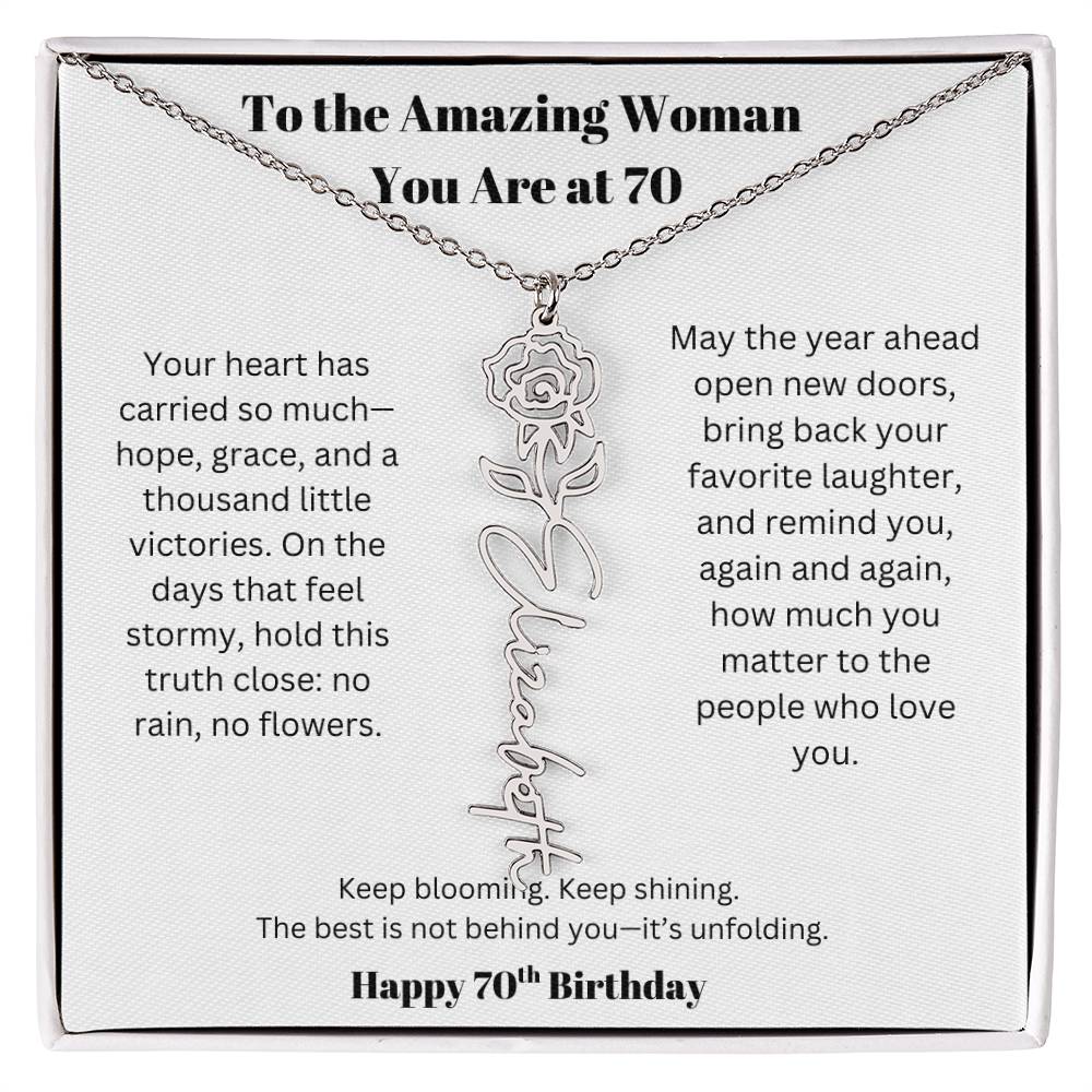 To The Amazing Woman | 70th Birthday Keepsake Jewelry | Flower Name Necklace