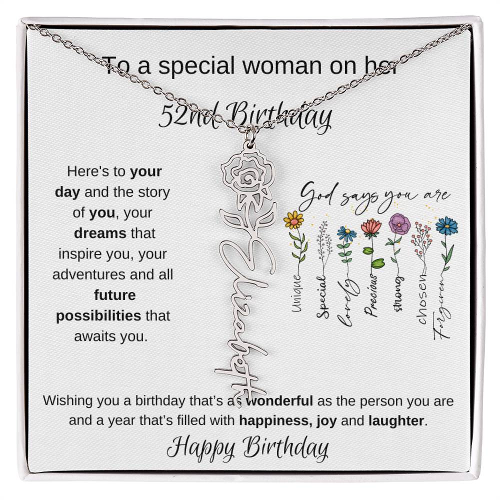 To A Special Woman On Her 52nd Birthday - Flower Name Necklace
