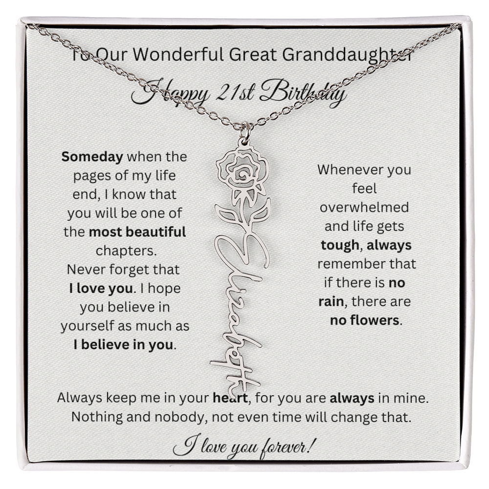 Birthflower Name Necklace To My Great Granddaughter's 21st Birthday