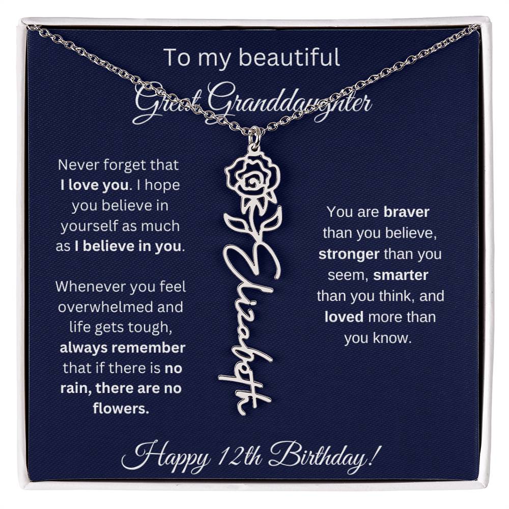 12th Birthday Gift For Great Granddaughter - Birthmonth Flower Name Necklace