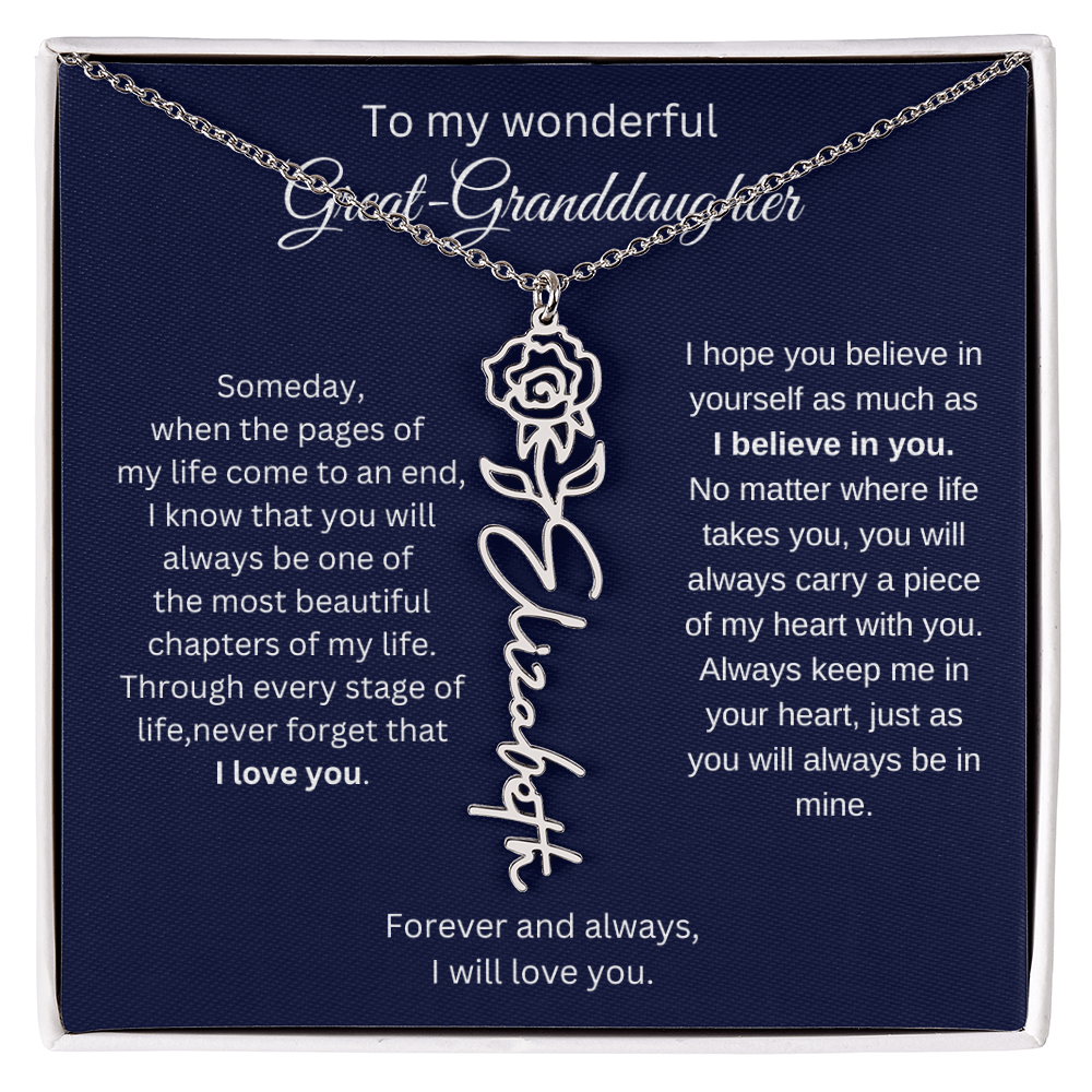 Great Granddaughter Jewelry Gift - Birth Flower Name Necklace