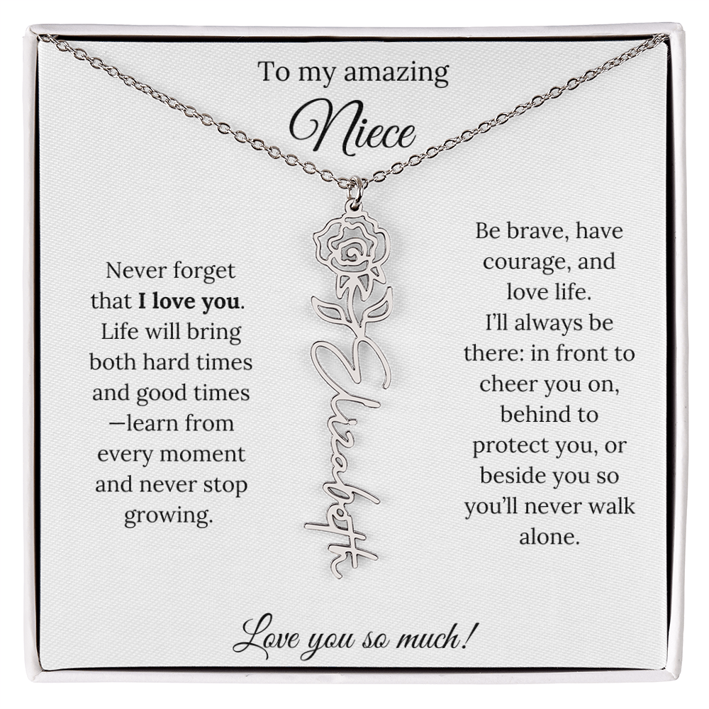 Niece Gift – Birth Flower Name Necklace + Inspiring Message Card