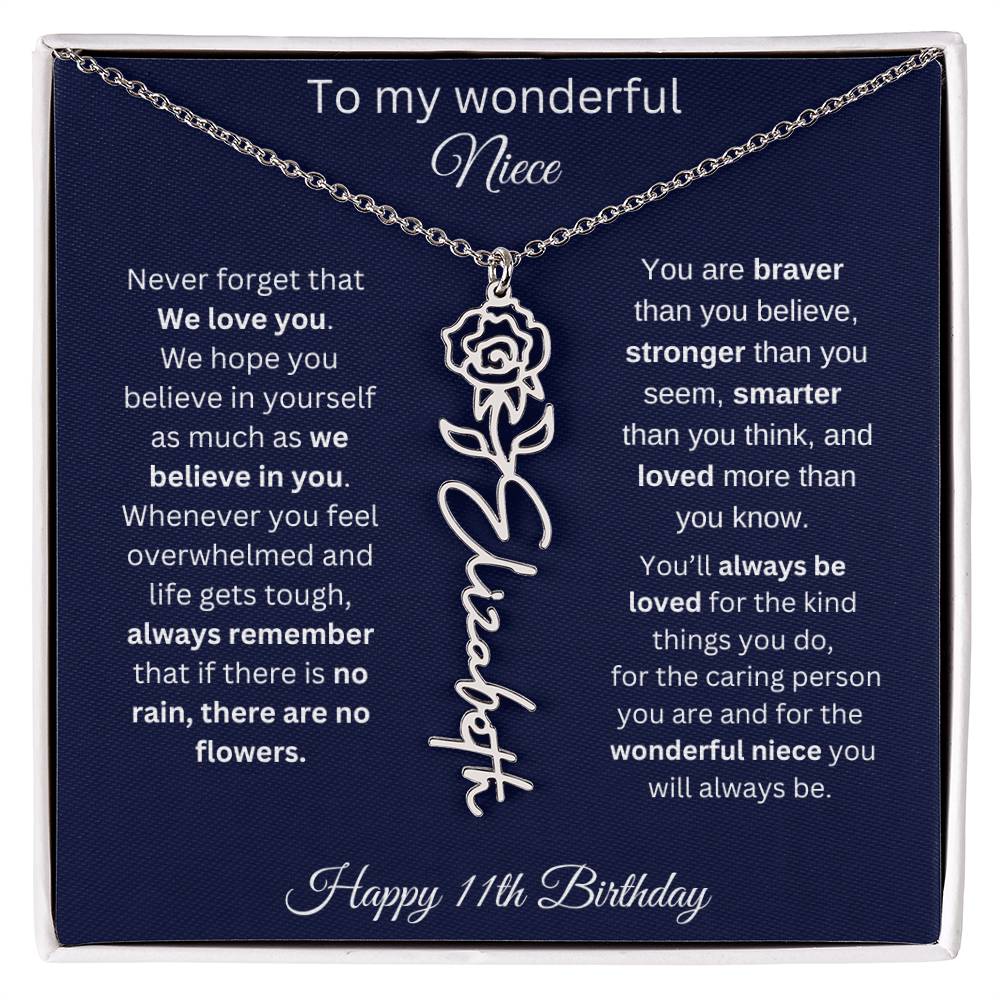 11th Birthday Gift For Niece - Personalized Birthmonth Flower Name Necklace