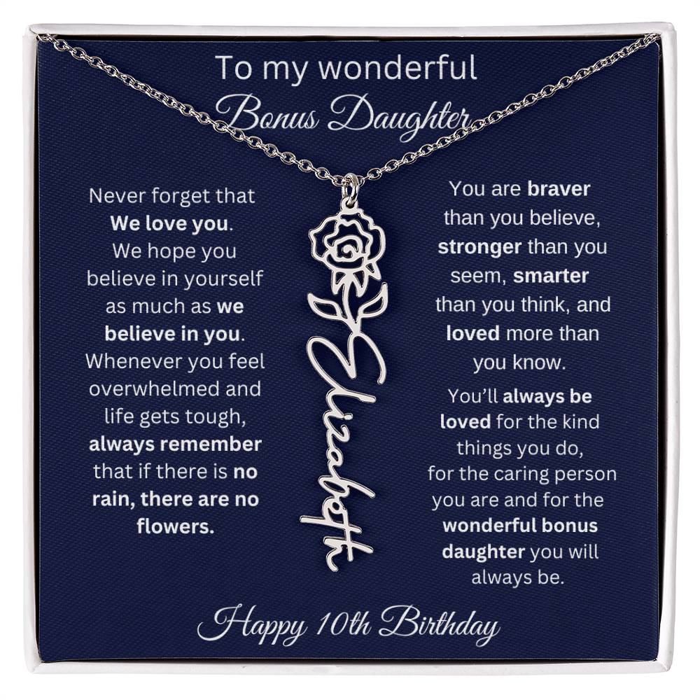 10th Birthday Gift For Bonus Daughter - Personalized Birthmonth Flower Name Necklace