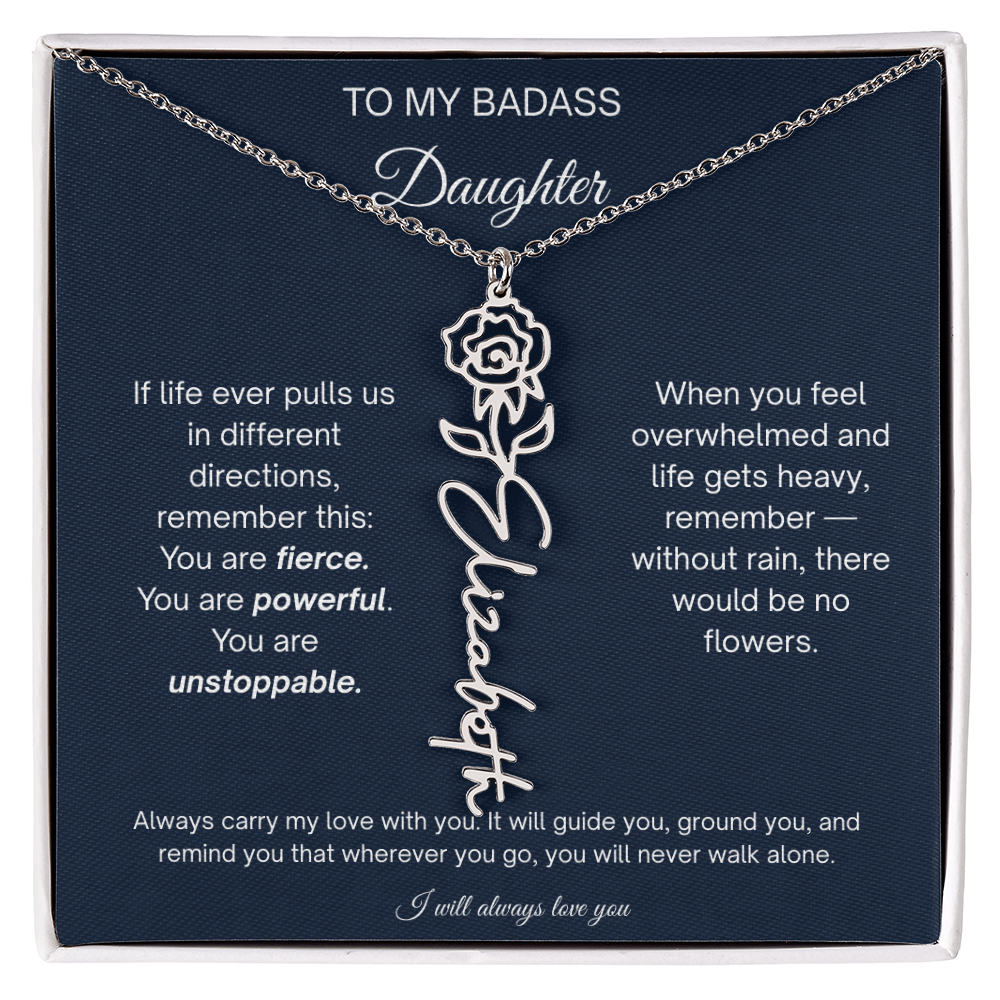 Badass Daughter Personalized Birth Flower Name Necklace