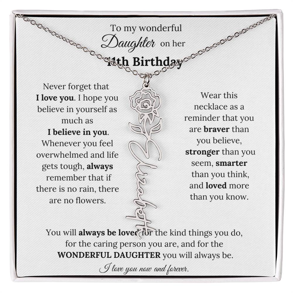 To My Wonderful Daughter On Her 11th Birthday - I Love You - Flower Name Necklace