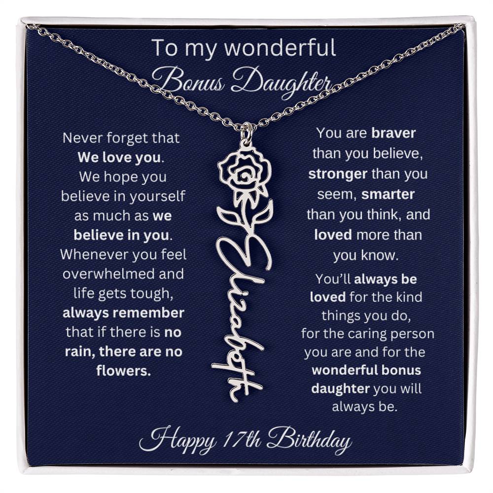 17th Birthday Gift For Bonus Daughter - Personalized Birthmonth Flower Name Necklace