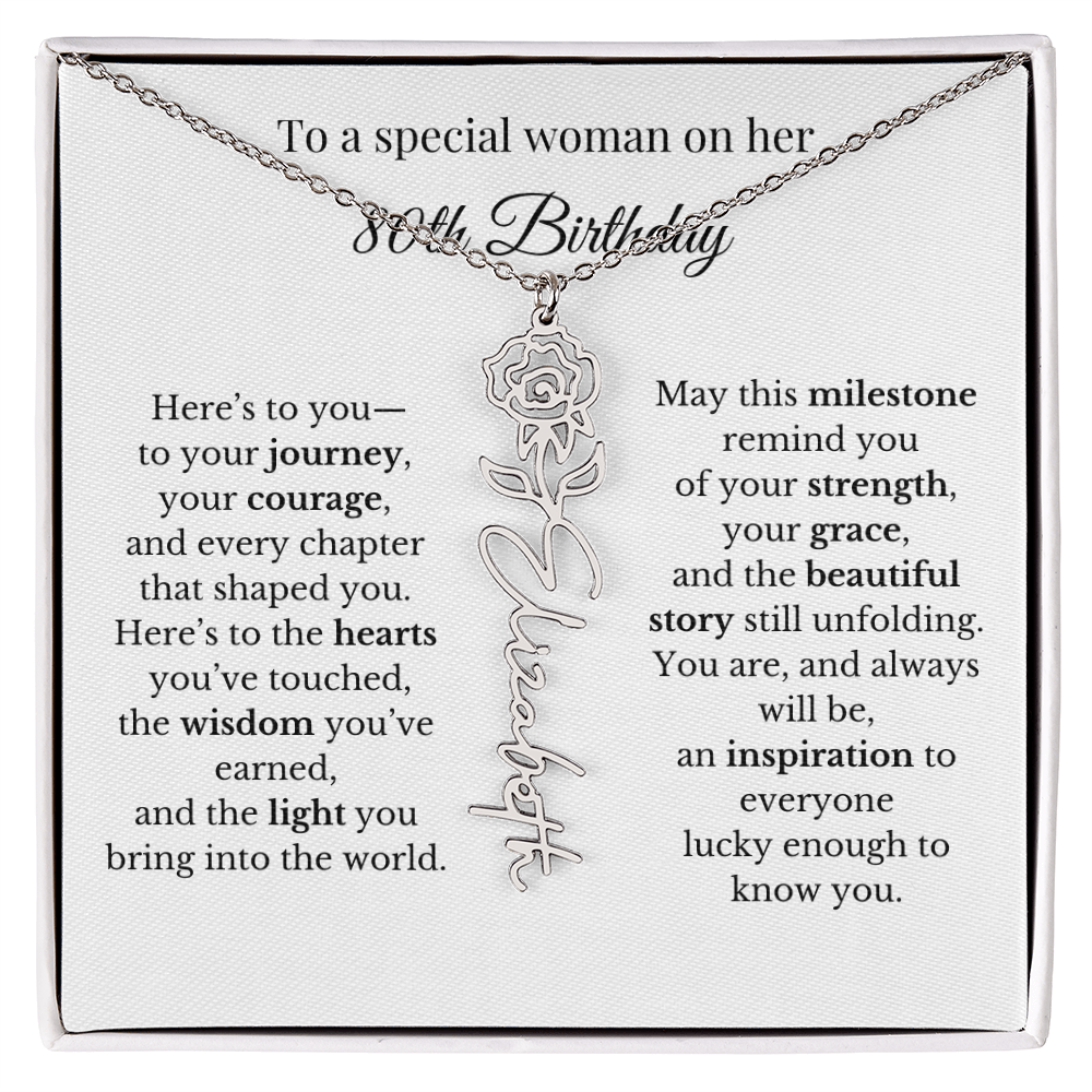 80th Birthday Gift To A Special Woman | Personalized Birth Flower Name Necklace