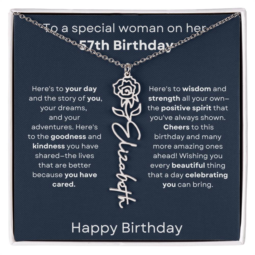 To A Special Woman On Her 57th Birthday - Flower Name Necklace