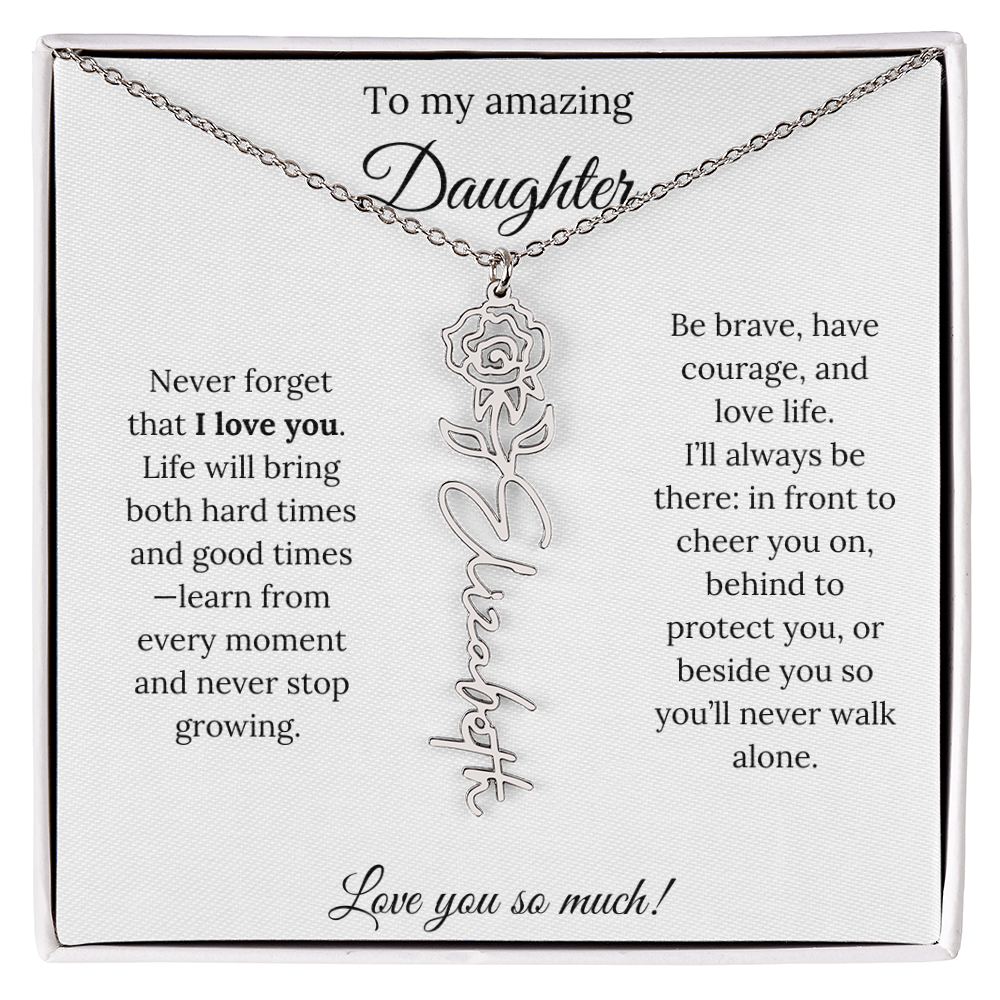 Personalized Daughter Necklace with Birth Flower Name & Inspiring Quote Card