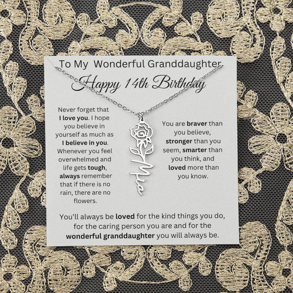 To My Wonderful Granddaughter - Happy 14th Birthday - Flower Name Necklace