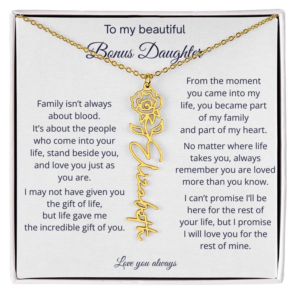 Bonus Daughter Jewelry Gift - Personalized Birth Flower Name Necklace