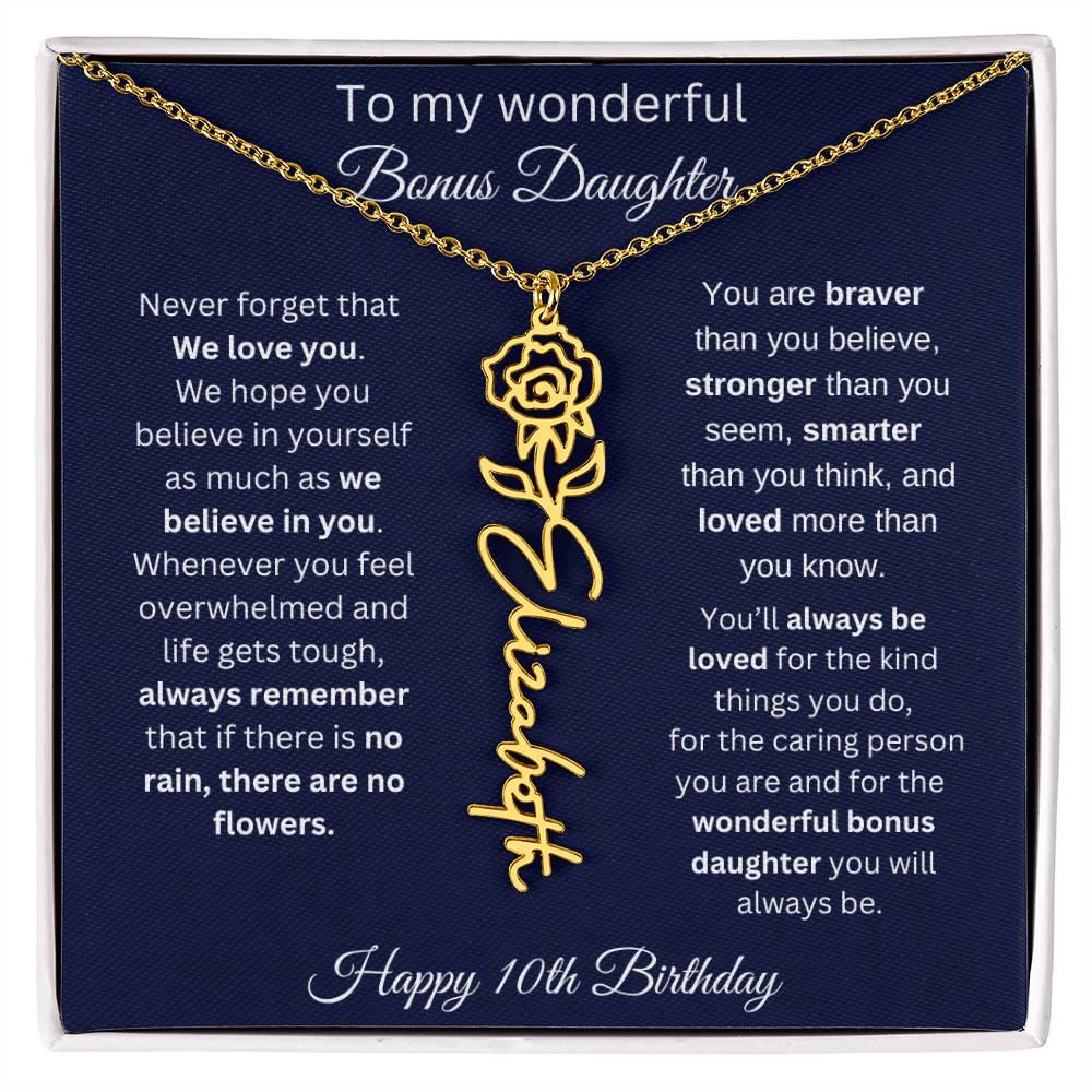 10th Birthday Gift For Bonus Daughter - Personalized Birthmonth Flower Name Necklace