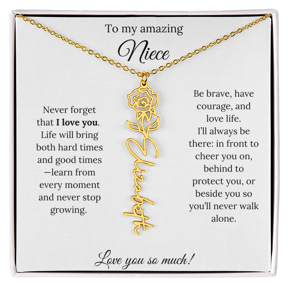 Niece Gift – Birth Flower Name Necklace + Inspiring Message Card
