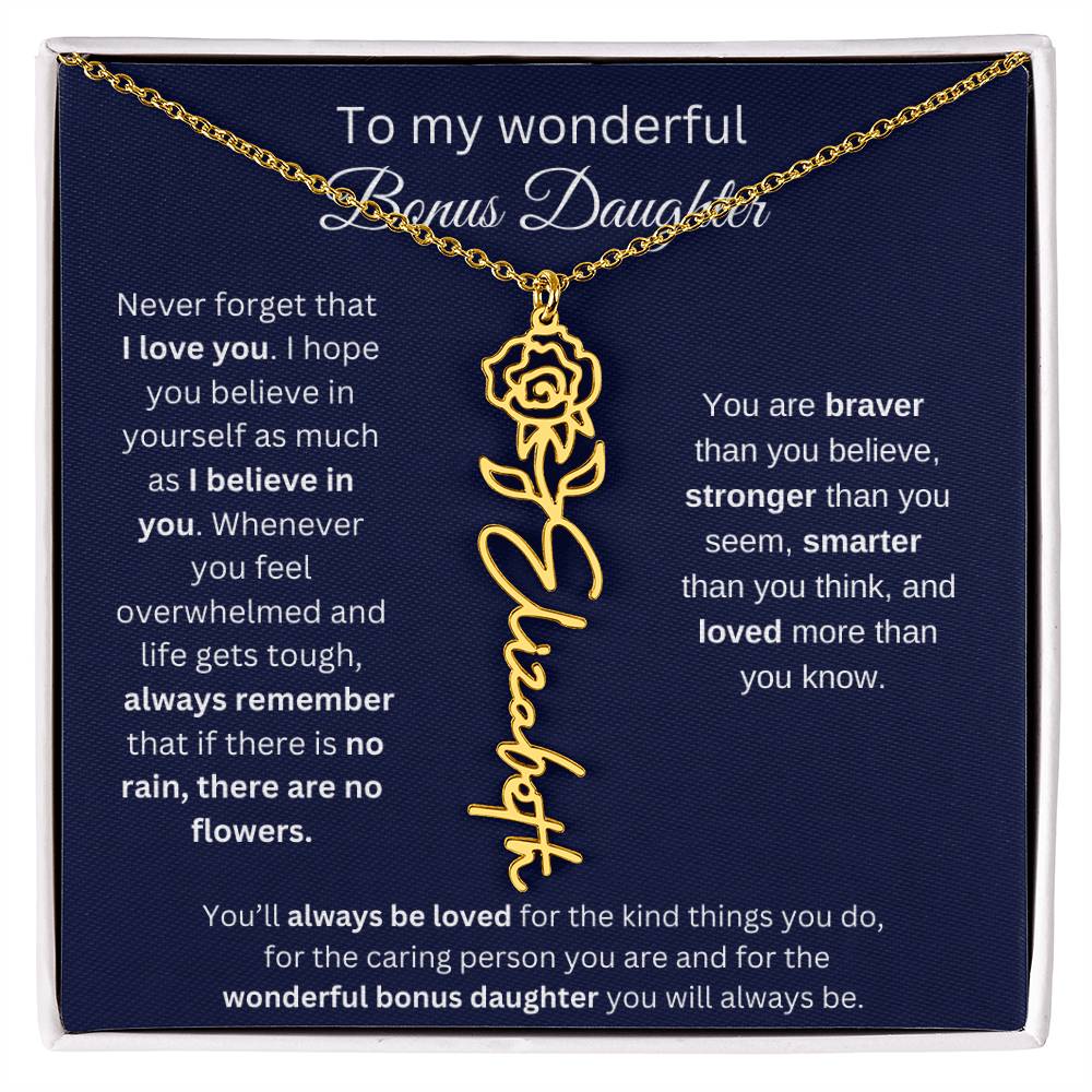 To My Wonderful Bonus Daughter - I Love You - Flower Name Necklace