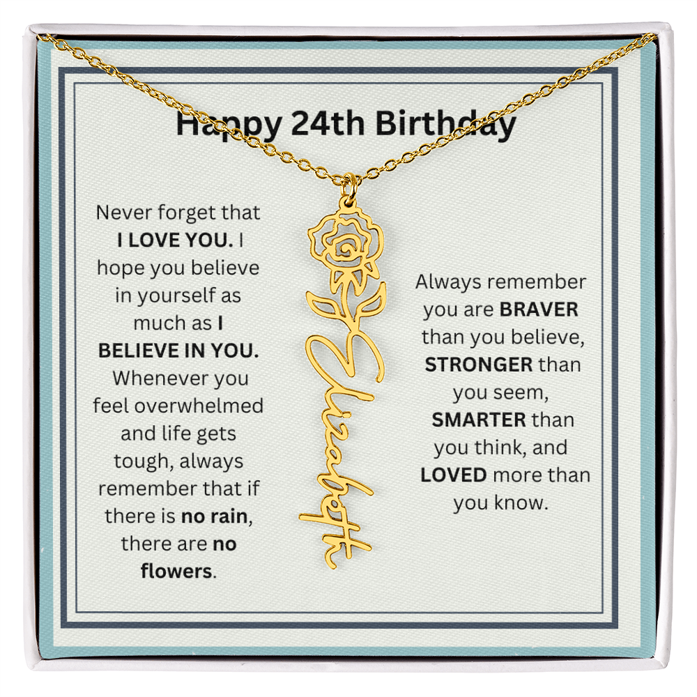 Personalized 24th Birthday Flower Name Necklace Gift