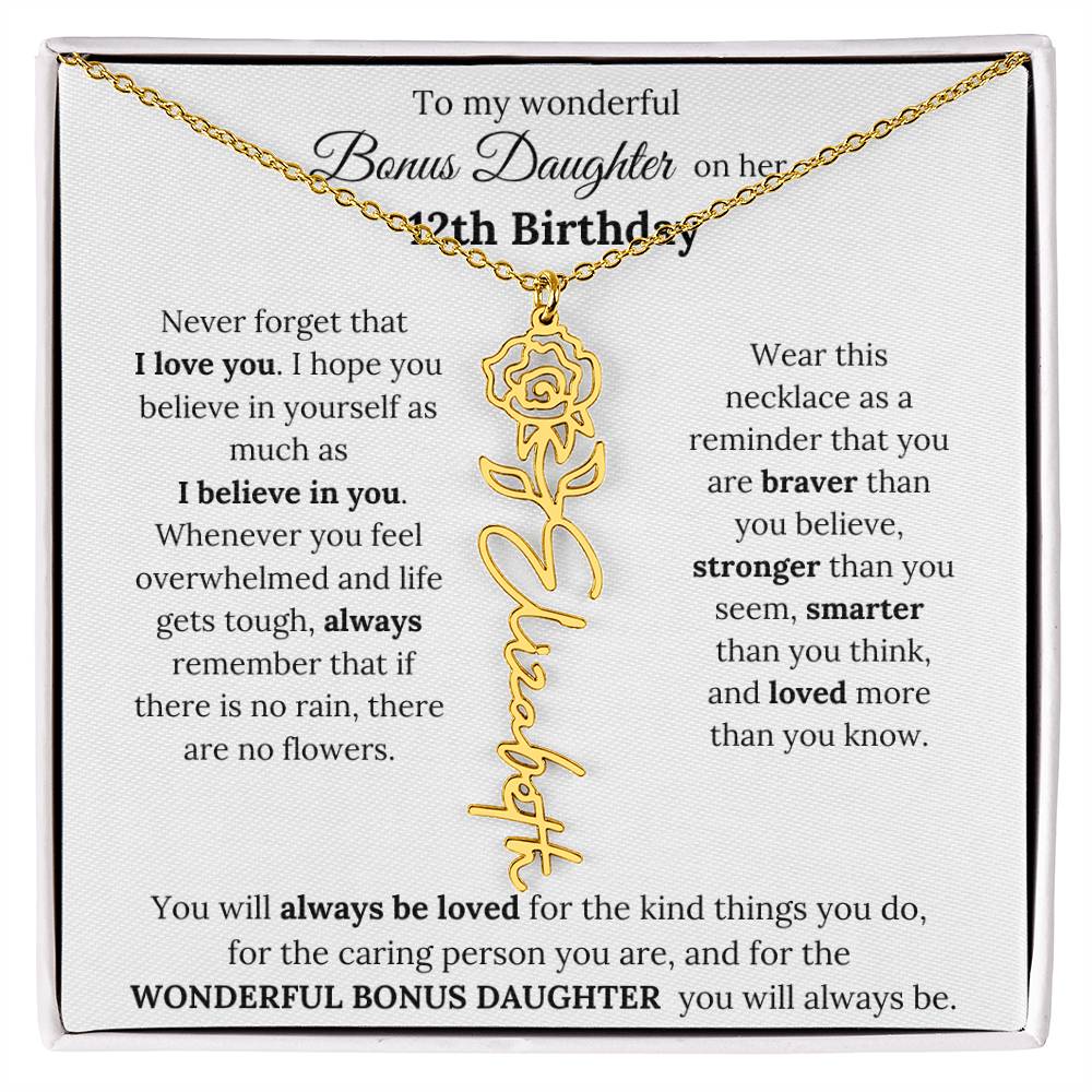 To My Wonderful Bonus Daughter On Her 12th Birthday | I Love You | Flower Name Necklace