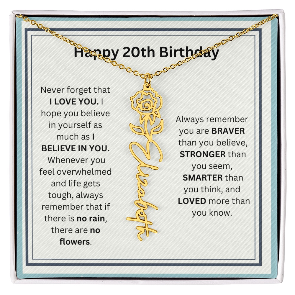 Personalized 20th Birthday Flower Name Necklace Gift