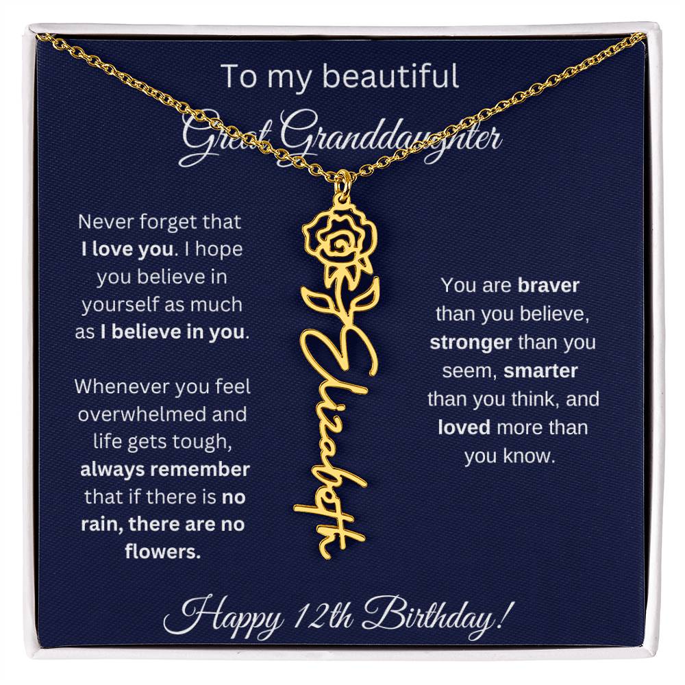 12th Birthday Gift For Great Granddaughter - Birthmonth Flower Name Necklace