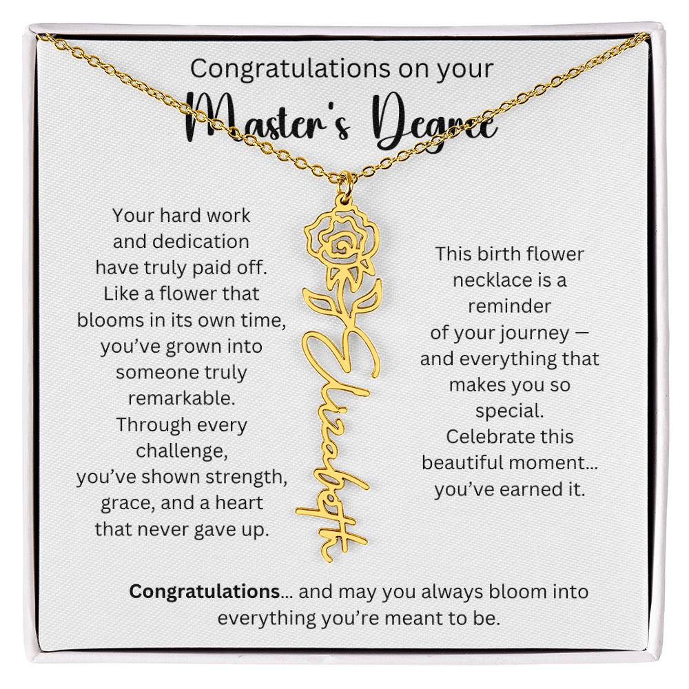 Personalized Masters Graduation Keepsake Gift - Birth Flower Name Necklace