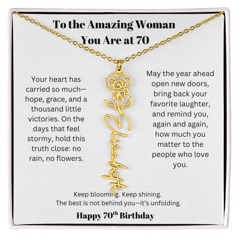 To The Amazing Woman | 70th Birthday Keepsake Jewelry | Flower Name Necklace