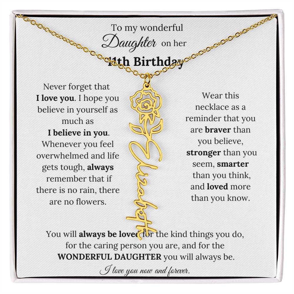 To My Wonderful Daughter On Her 11th Birthday - I Love You - Flower Name Necklace