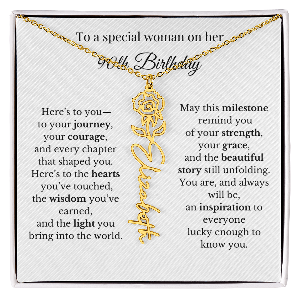90th Birthday Gift To A Special Woman | Personalized Birth Flower Name Necklace