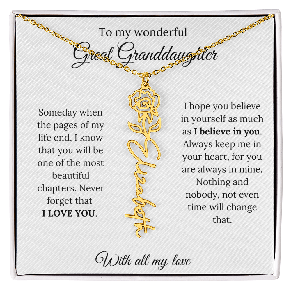 Great Granddaughter Birth Flower Name Necklace – “You Are One of the Most Beautiful Chapters” – Custom Keepsake Jewelry Gift