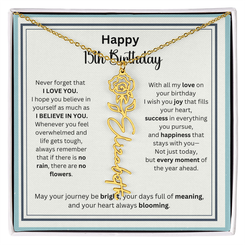 Personalized 15th Birthday Gift for Her - Birth Flower Necklace with Card