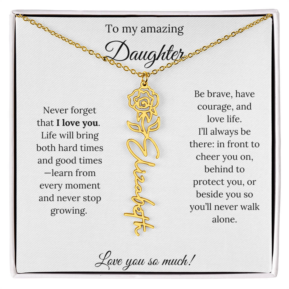 Personalized Daughter Necklace with Birth Flower Name & Inspiring Quote Card