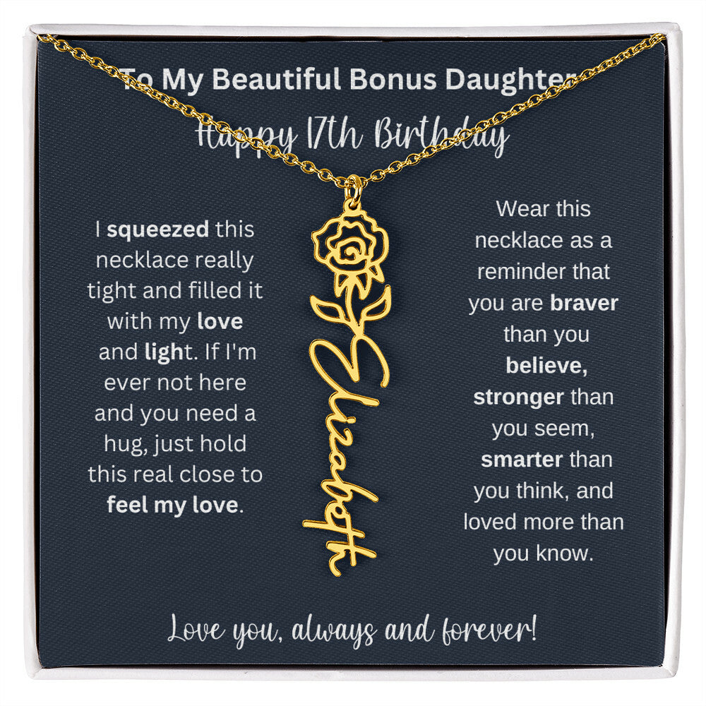 To My Beautiful Bonus Daughter | Happy 17th Birthday | Flower Name Necklace