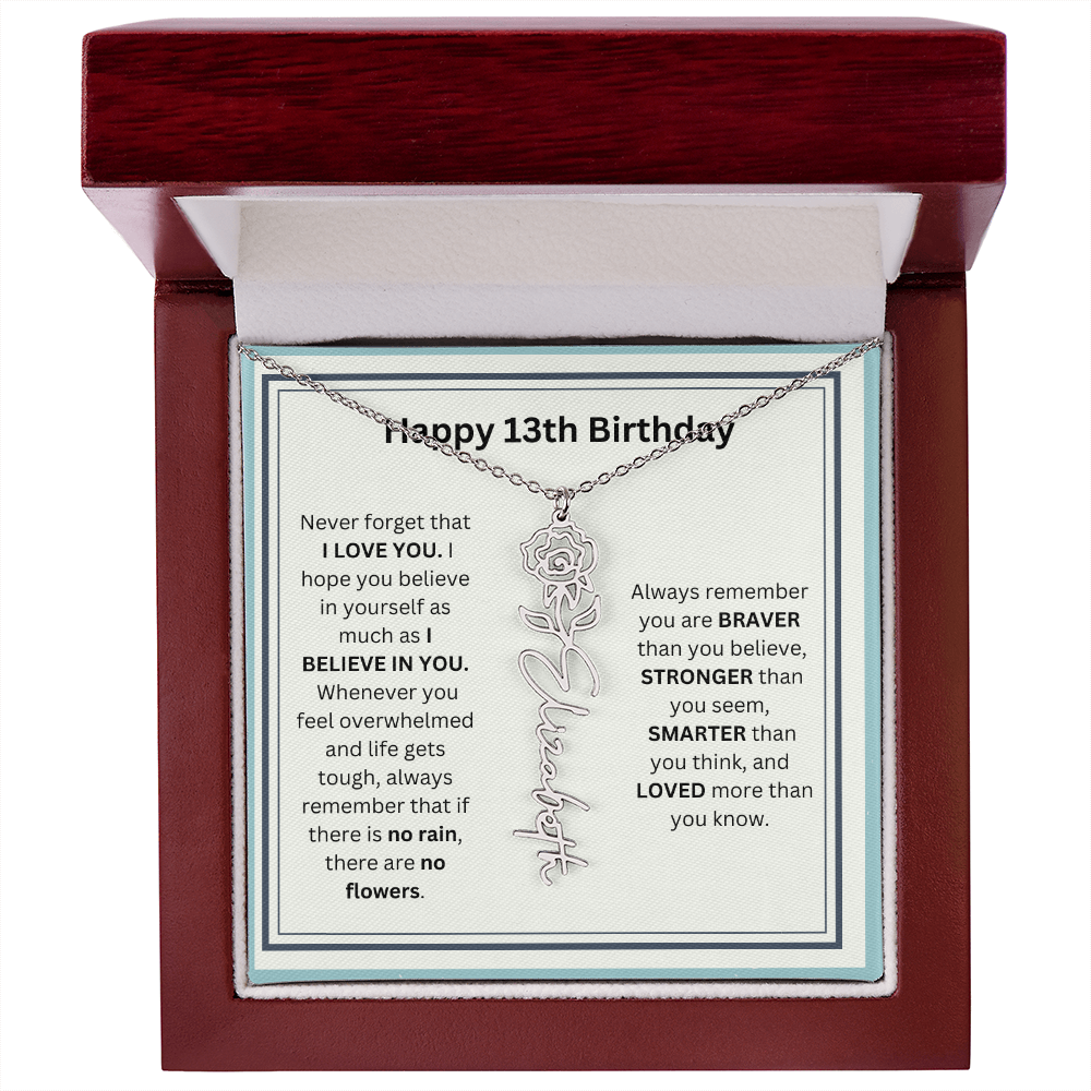 Personalized 13th Birthday Flower Name Necklace Gift